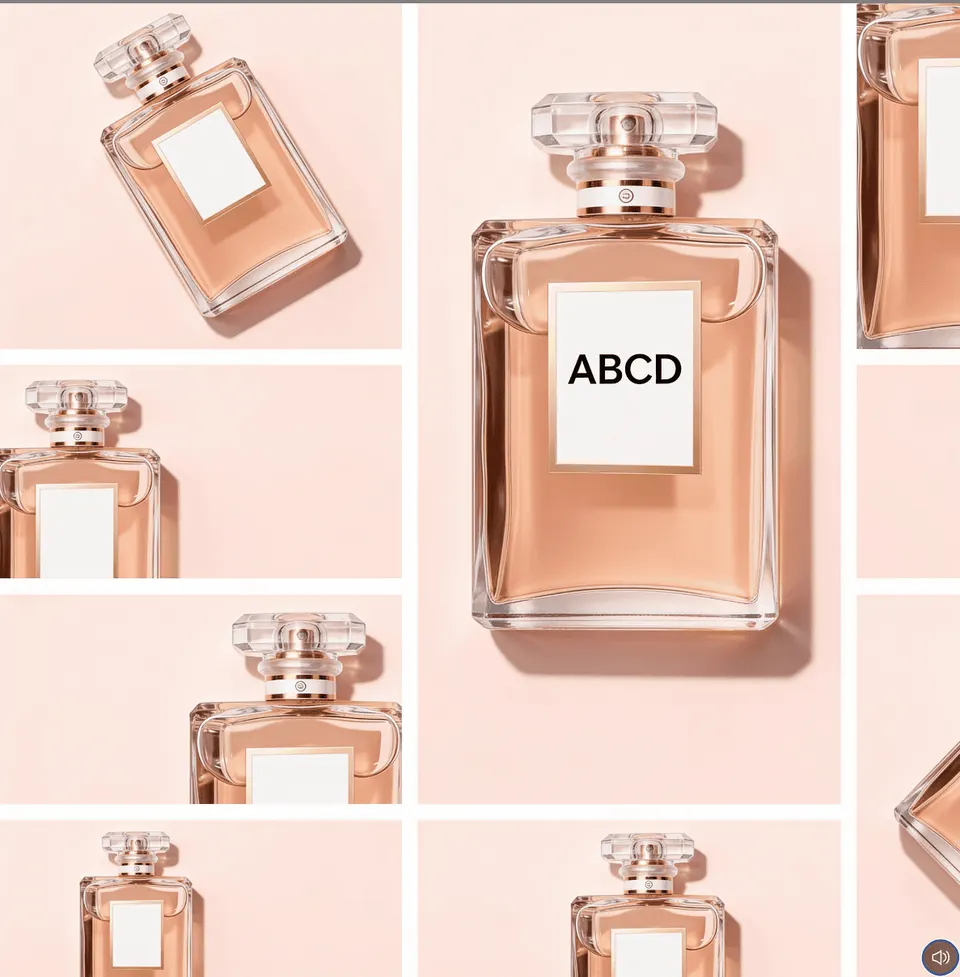 Close gerado por IA que preserva os detalhes da embalagem de um perfume em um anúncio de produto de luxo.