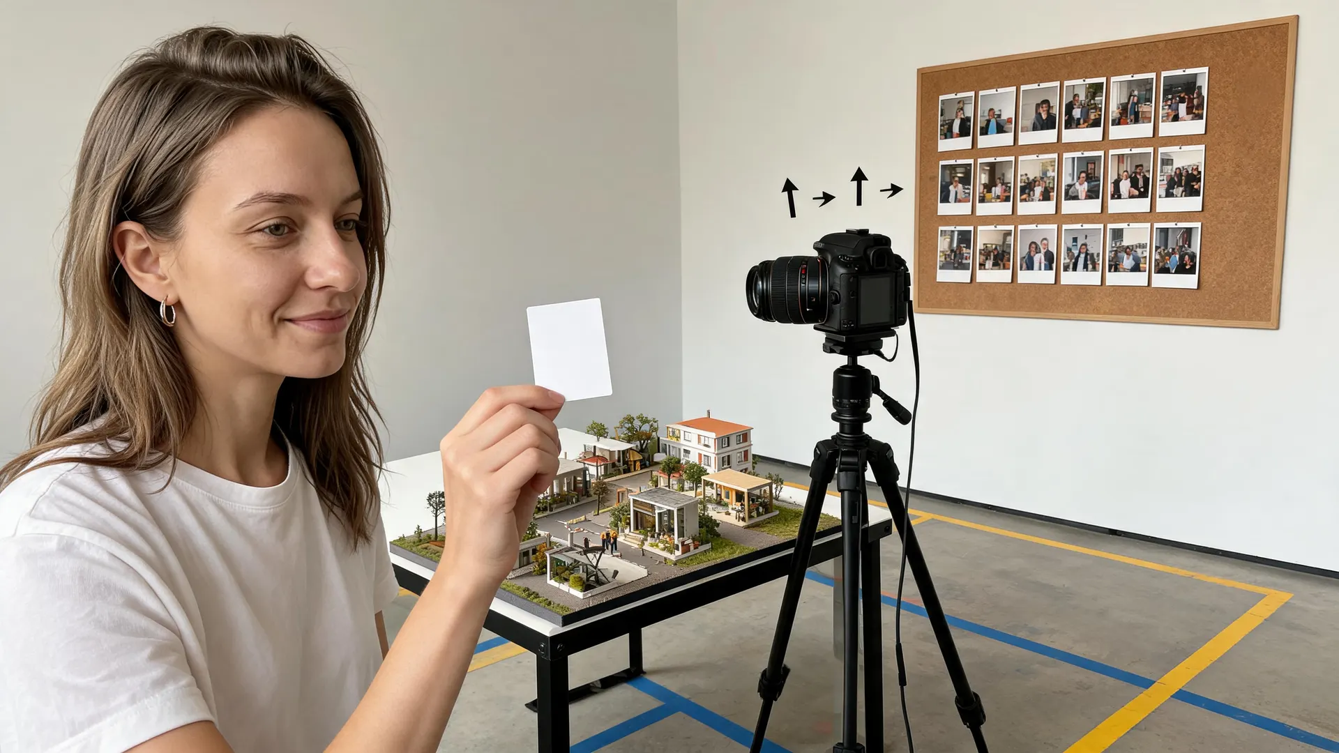 AI video creator building a camera-angle prompt control board beside a tabletop set