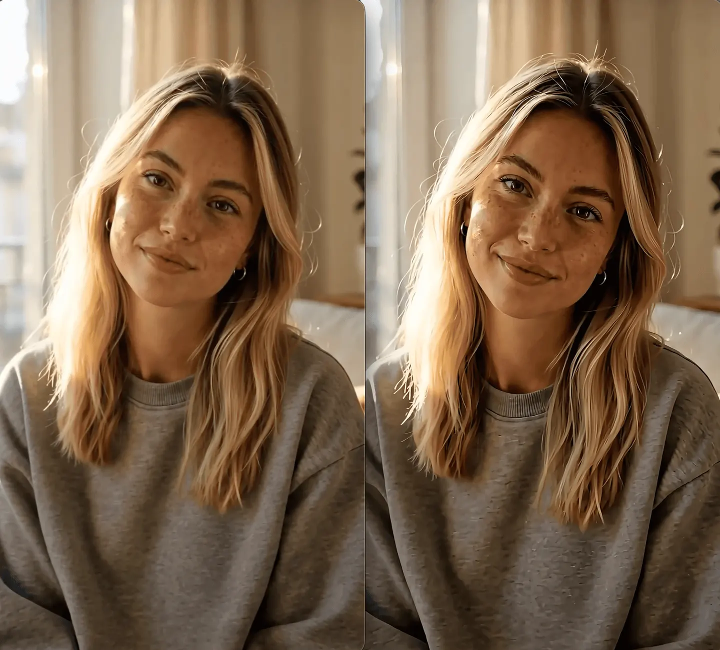 AI video stabilizer online comparison showing a smoother stabilized portrait video with reduced camera shake. 
