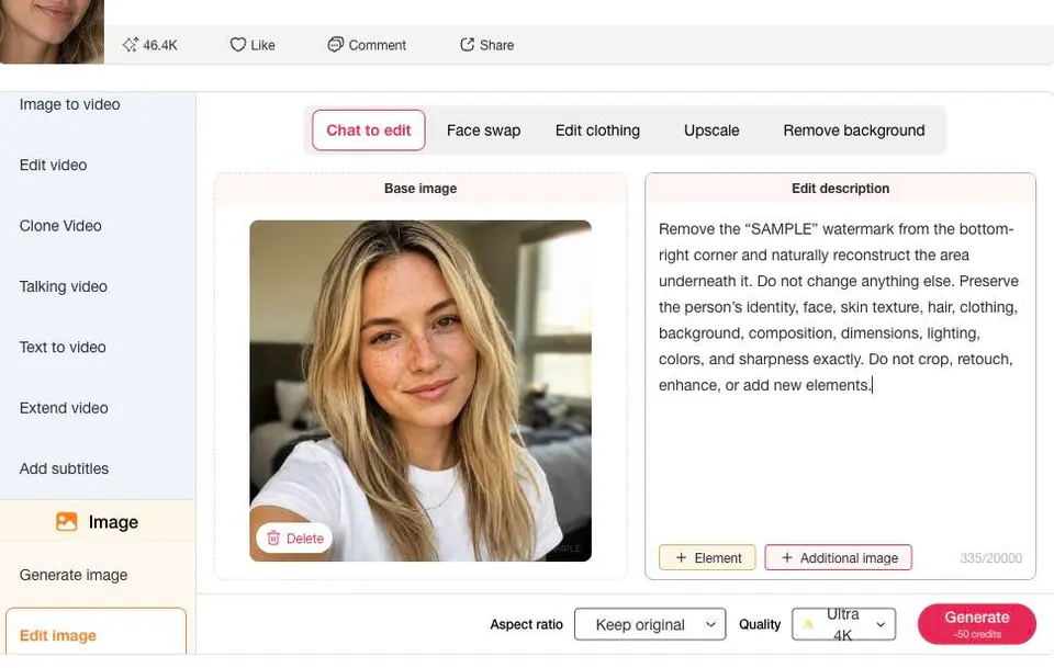 Instruction de suppression saisie dans APOB AI pour le filigrane SAMPLE en bas à droite