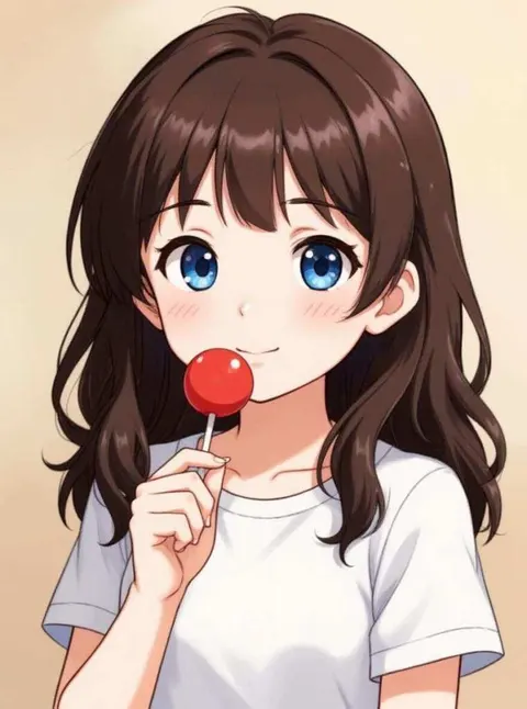 an anime-style AI cute little girl holding a lollipop