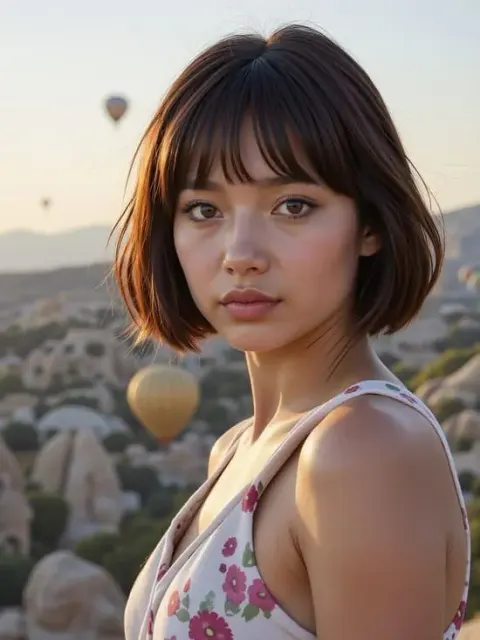 Eine asiatische KI-Person mit einem schicken braunen Bob-Schnitt, die ein Outdoor-Strand-Selfie mit einem Heißluftballon-Hintergrund macht und einen geblümten Bikini trägt, produziert von APOB AI.