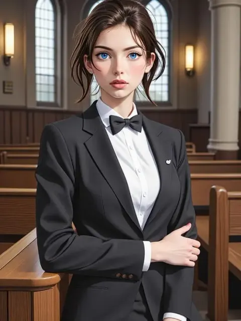 Ein eleganter Anime-Charakter in einem formellen schwarzen Anzug und Fliege, der in einer klassischen Halle steht.
