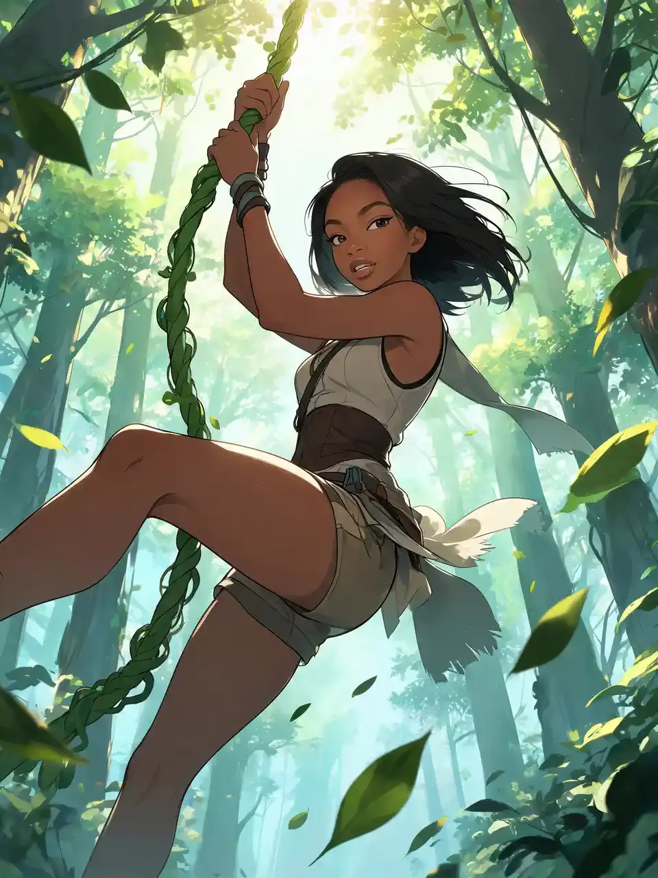 Animated jungle adventure character swinging through green trees
