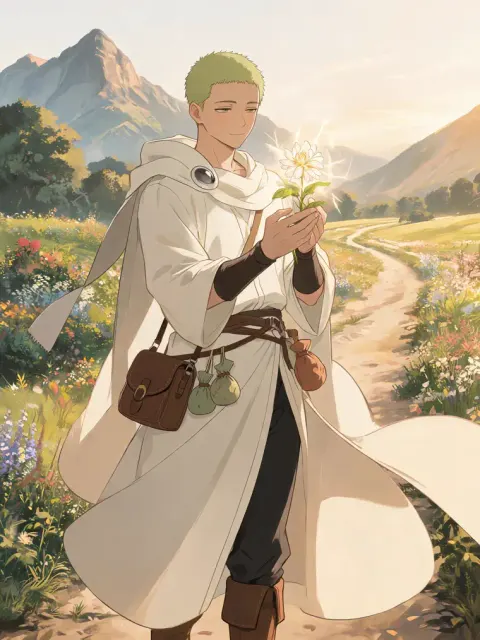 gerador de personagens anime com curandeiro de cabelo verde, capa branca e flor brilhante
