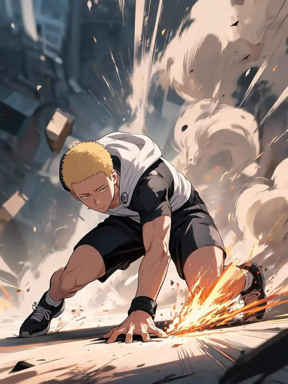 Anime character landing in a dusty action scene