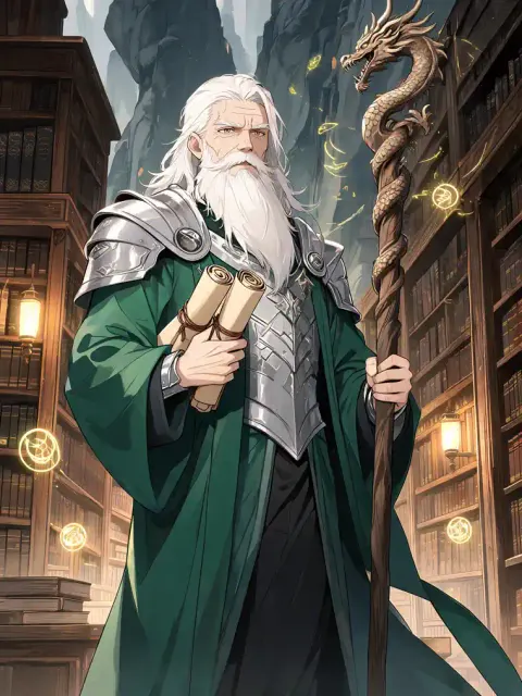 gerador de personagens anime de fantasia com mago idoso e cajado de dragão em uma biblioteca mágica