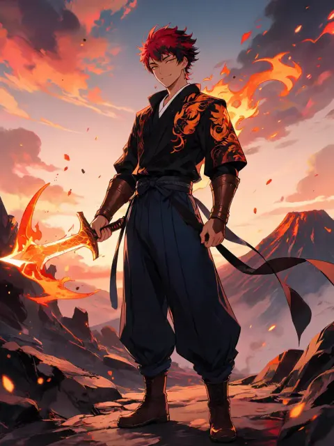 Guerreiro de fogo de anime com cabelo ruivo e cenário vulcânico