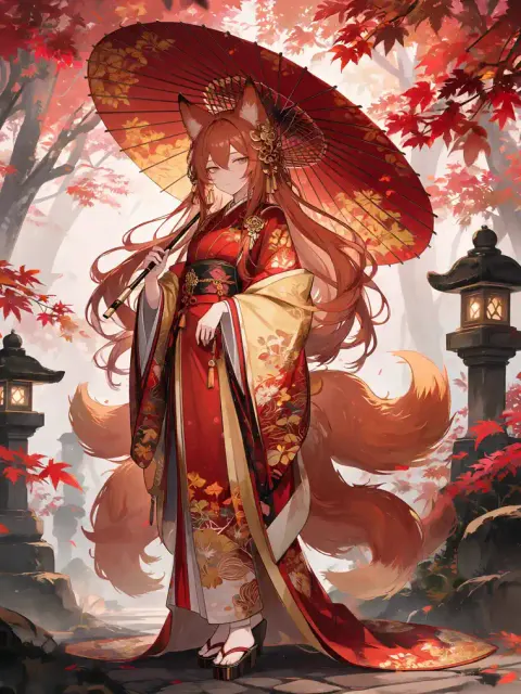 gerador de garota raposa anime com kimono vermelho e guarda-sol em uma floresta de outono