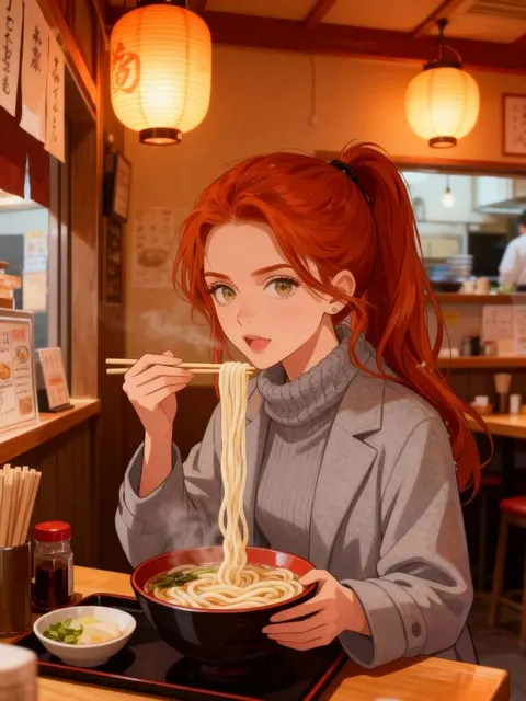 Ein Anime-Mädchen isst Udon, erstellt mit der Runway KI-Videogenerierung.