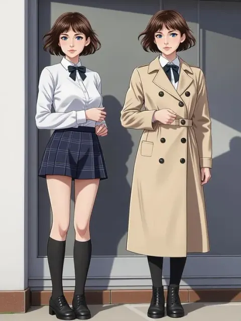 Anime-Mädchen-Outfit-Konzept mit Schuluniform und Trenchcoat