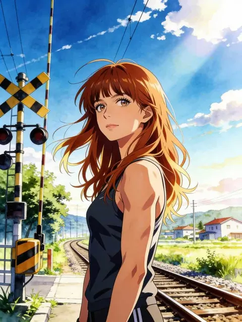Anime girl standing beside train tracks under a blue sky