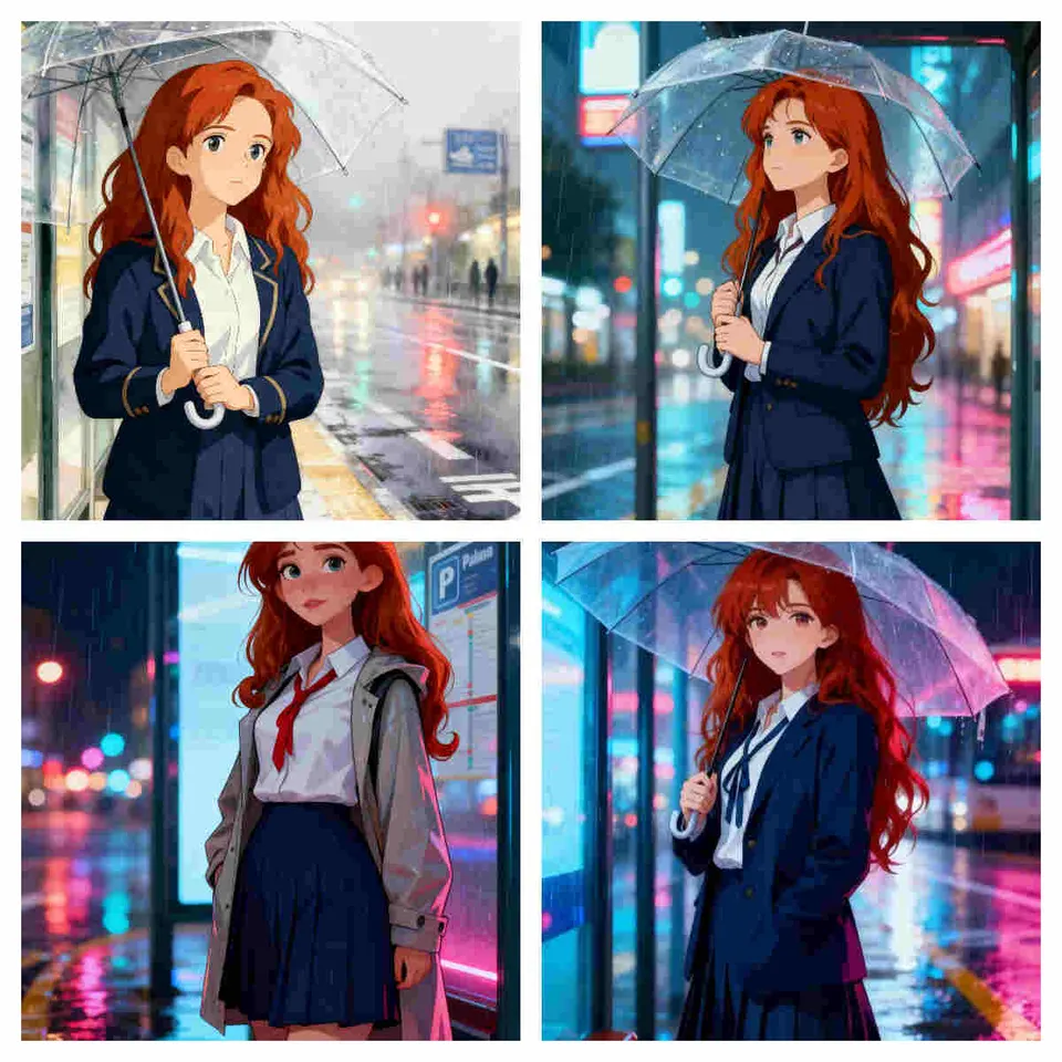 Anime-Mädchen wartet an einem regnerischen Tag an einer Bushaltestelle, verschiedene Stile, Sora 2