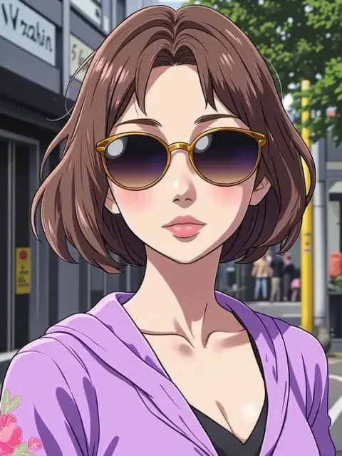 Anime-Mädchen mit Sonnenbrille und lila Kapuzenpullover auf einer Stadtstraße