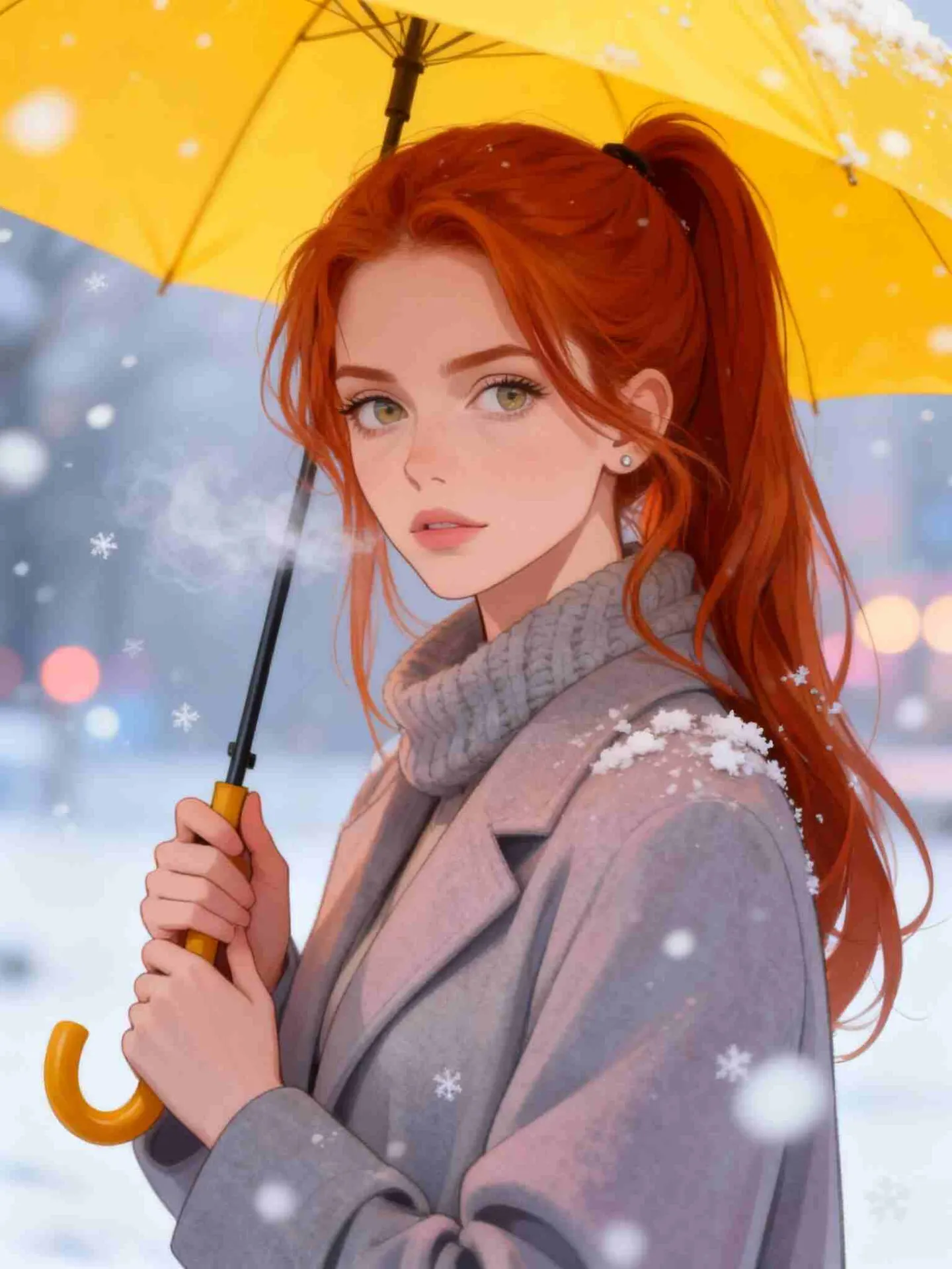 Anime-Mädchen mit Regenschirm im Schnee, erstellt mit der Runway-KI-Videogenerierung.