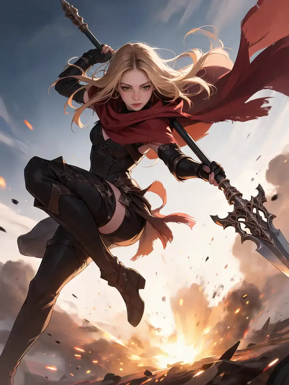 Anime heroine leaping through a fiery battle scene