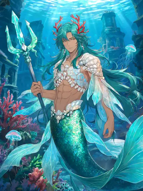 Sereia de anime com cabelo turquesa entre ruínas subaquáticas