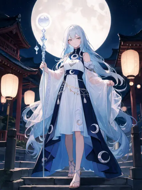 Princesa lunar de anime com cabelo azul e cajado de cristal