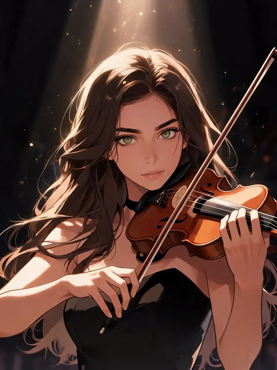 Anime violinist playing in a dramatic fantasy setting