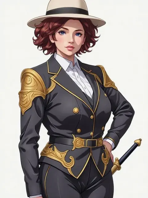 Anime-Frau in schwarz-goldener Uniform, die ein Schwert hält