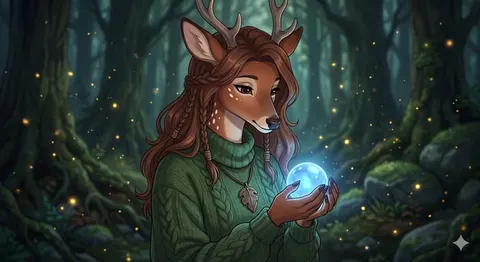 Anthropomorphic deer character in a forest holding a glowing blue orb