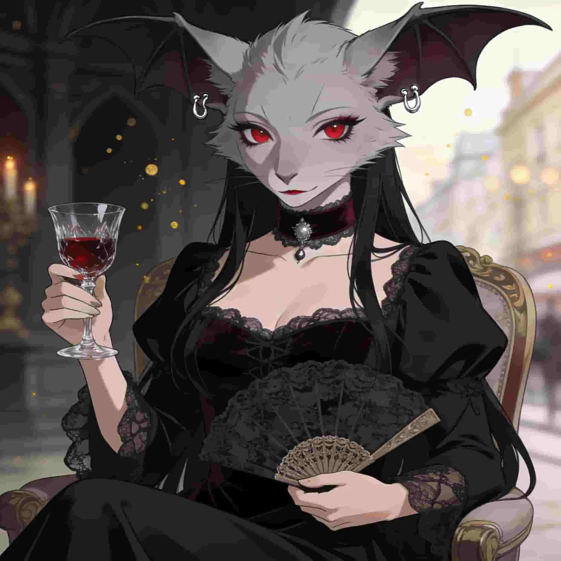 Anthropomorphic gothic bat character wearing a black dress