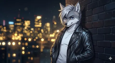 Anthropomorphic gray wolf in a black leather jacket in a city at night
