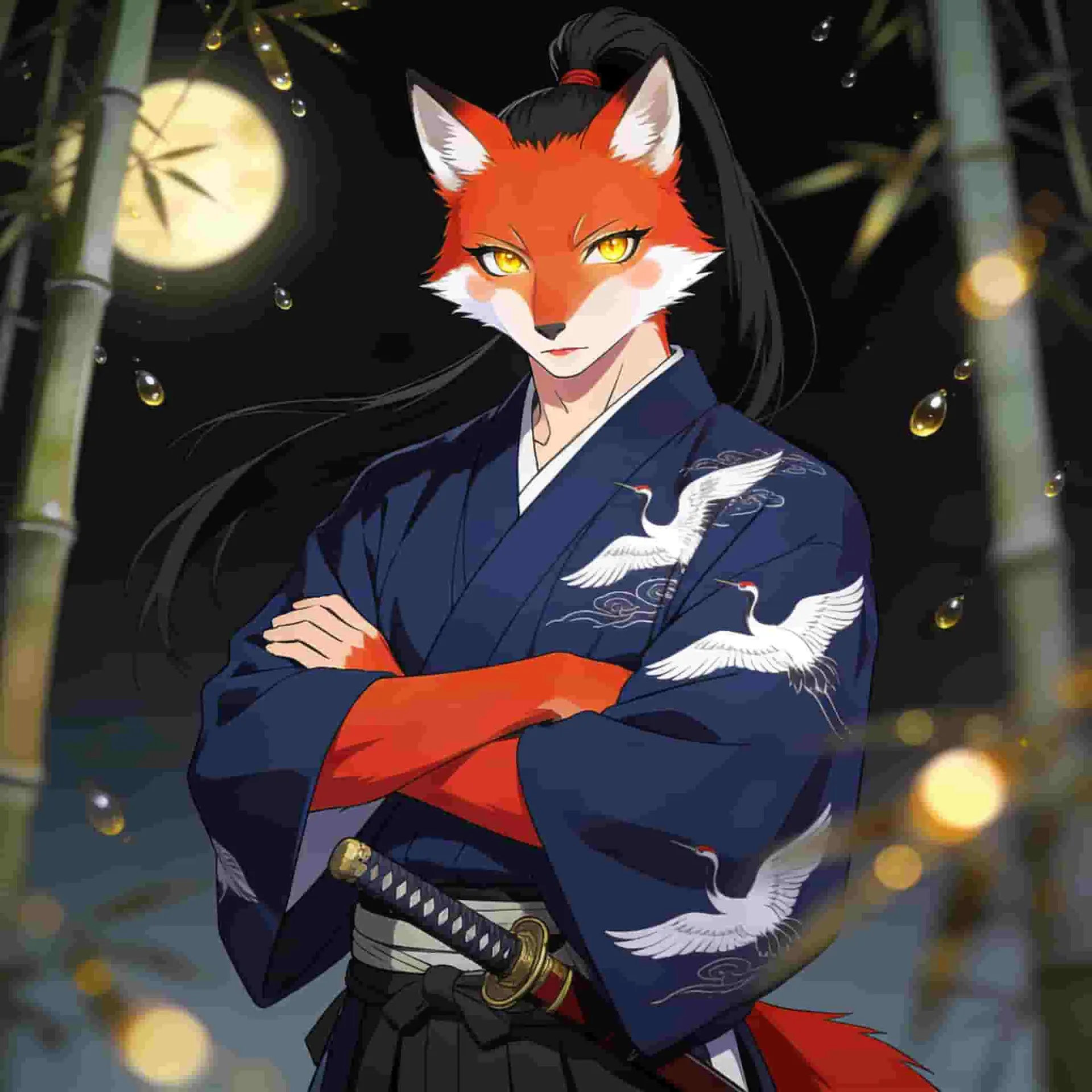 Anthropomorphic orange fox character wearing a dark kimono