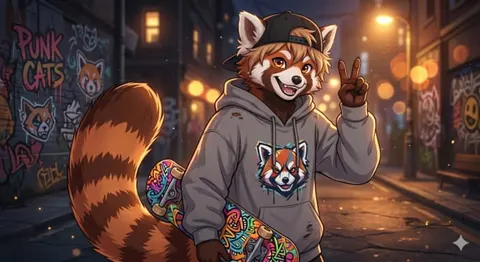 Anthropomorphic raccoon in colorful streetwear standing in a city alley