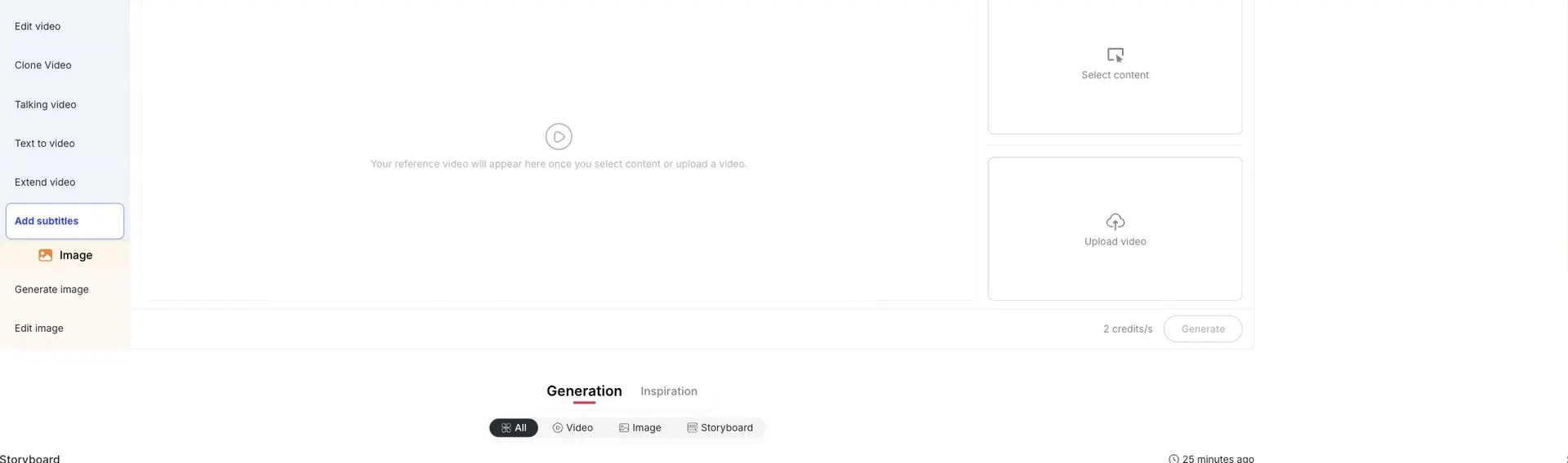 APOB Add subtitles workspace with select content and upload video options.