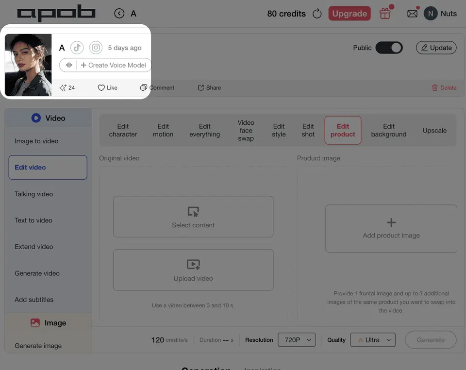 APOB AI ad video generator showing an AI influencer profile and voice model option for creating consistent UGC-style product video ads.