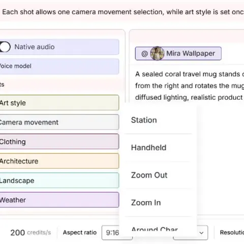 Menu de movimento da câmera APOB AI aberto dentro de uma captura de texto para vídeo com opções de estação, portátil, diminuir zoom e aumentar zoom