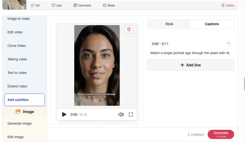 APOB AI Panneau de légendes affichant une ligne de sous-titres modifiable avec des commandes de synchronisation et un bouton Générer