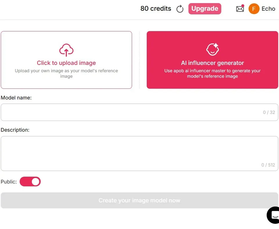 Interface de criação de personagem APOB AI mostrando opções de upload de imagem e gerador de influenciador de IA