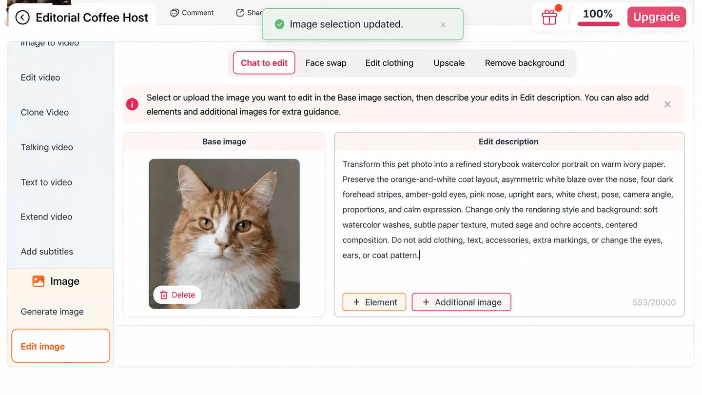 APOB AI Chat to edit Base image painel mostrando um upload autorizado de um gato malhado laranja e branco