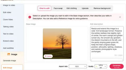 Interface Chat to Edit do APOB AI expandindo com IA uma foto de árvore ao pôr do sol