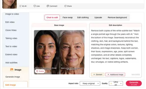Painel Chat para editar da APOB AI com um prompt para remover a legenda branca de um retrato em tela dividida