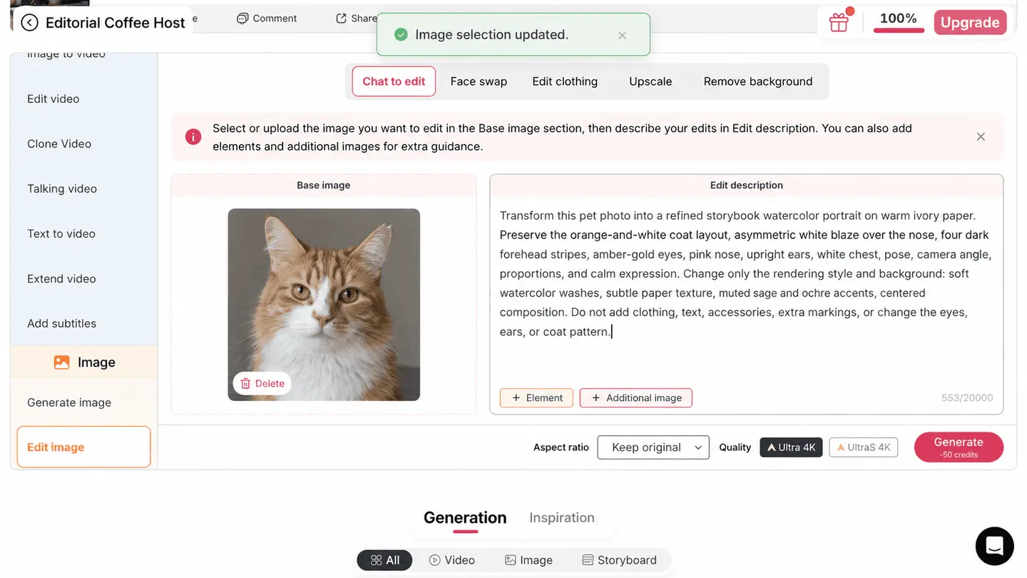 APOB AI Chat to edit alerta para nomear padrão de pelagem, olhos, orelhas, nariz, pose e estilo aquarela