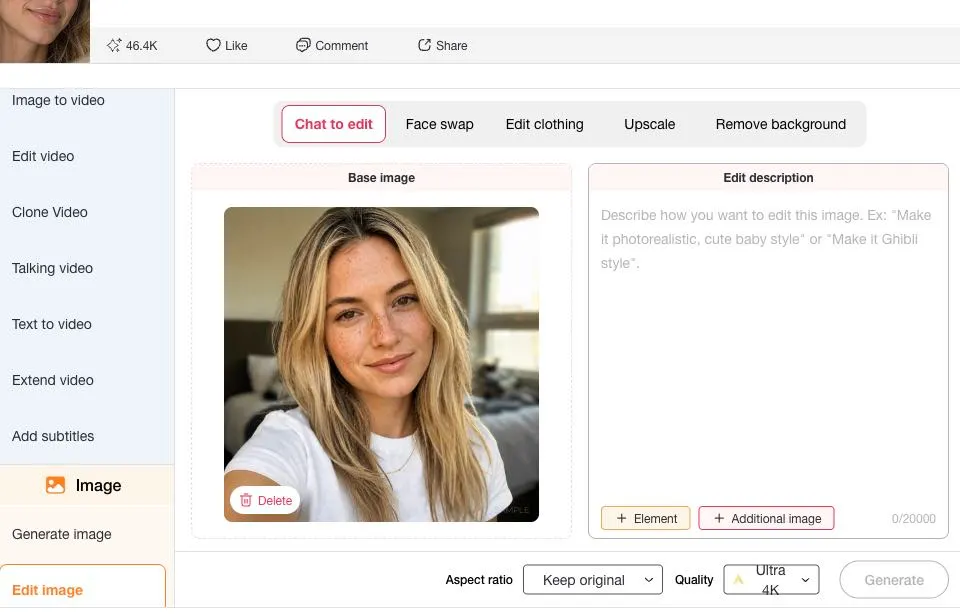 Espace Chat to Edit d’APOB AI avec un portrait filigrané importé comme image de base