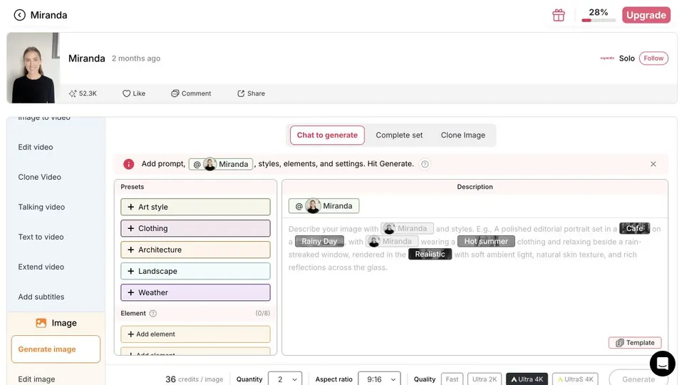 Espace de travail Create d’APOB AI avec le modèle communautaire Miranda sélectionné