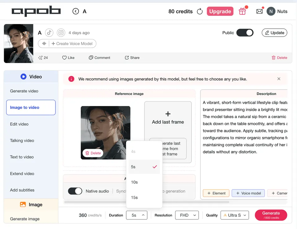 APOB AI duration selection overlay menu integrating Kling 3.0 Motion Control settings.