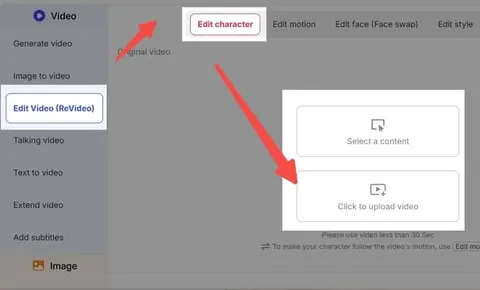 APOB AI Edit character panel prompting the user to upload a video