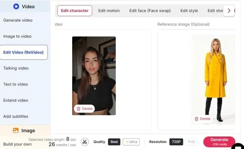 APOB AI Edit character workspace with a woman video and yellow-outfit reference