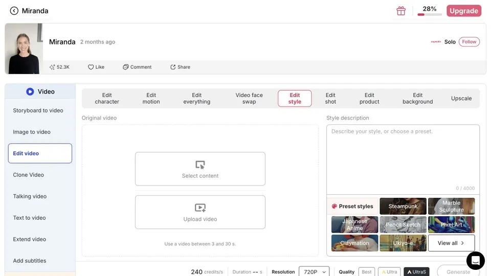 Panneau « Modifier le style » d’APOB AI prêt pour une vidéo source