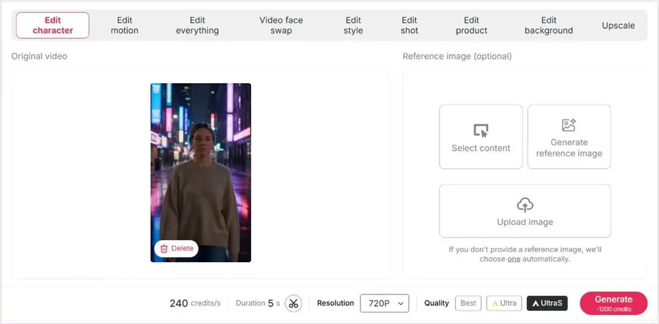 APOB AI Edit Video interface with the generated neon city video loaded for editing