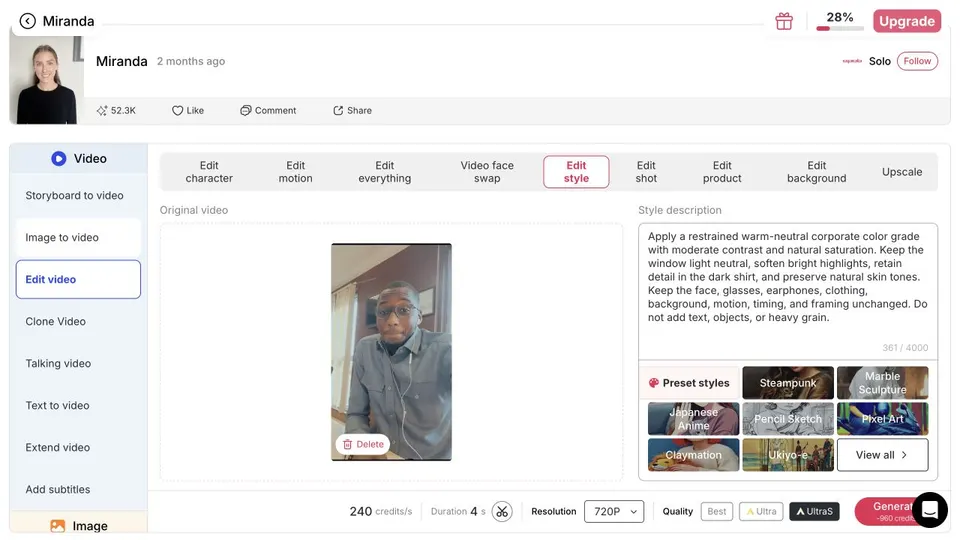 Panneau « Modifier la vidéo » d’APOB AI avec un prompt d’étalonnage et le coût de génération affiché