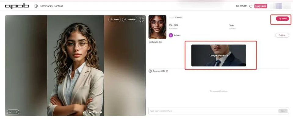 APOB AI editing canvas with a woman portrait and a selected face area