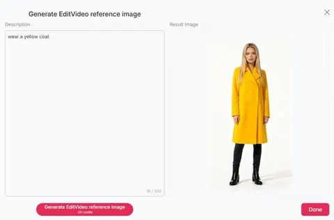 APOB AI editor with a yellow-outfit reference image and an edit-video dialog