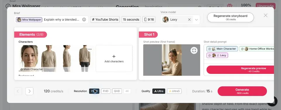 APOB AI explainer video final render set to 720P Ultra with visible credit estimate