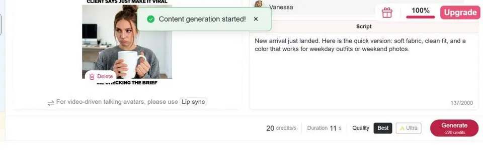 APOB AI female voice generator workflow after clicking Generate with content generation started.